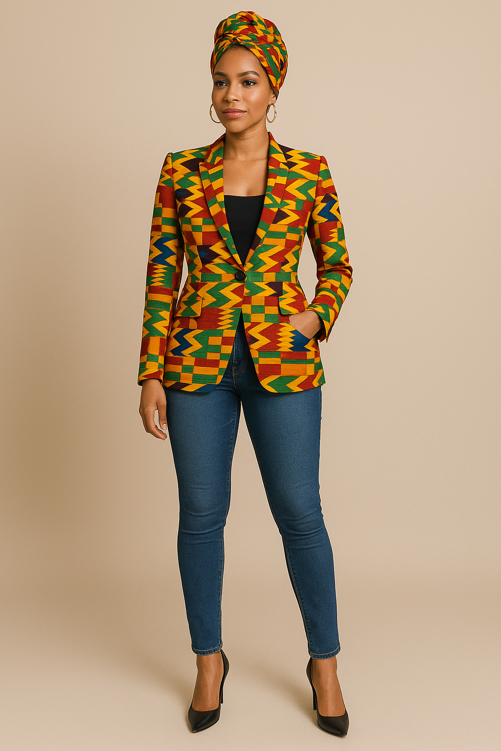 Kente blazer worn with Blue Denim jeans for summer